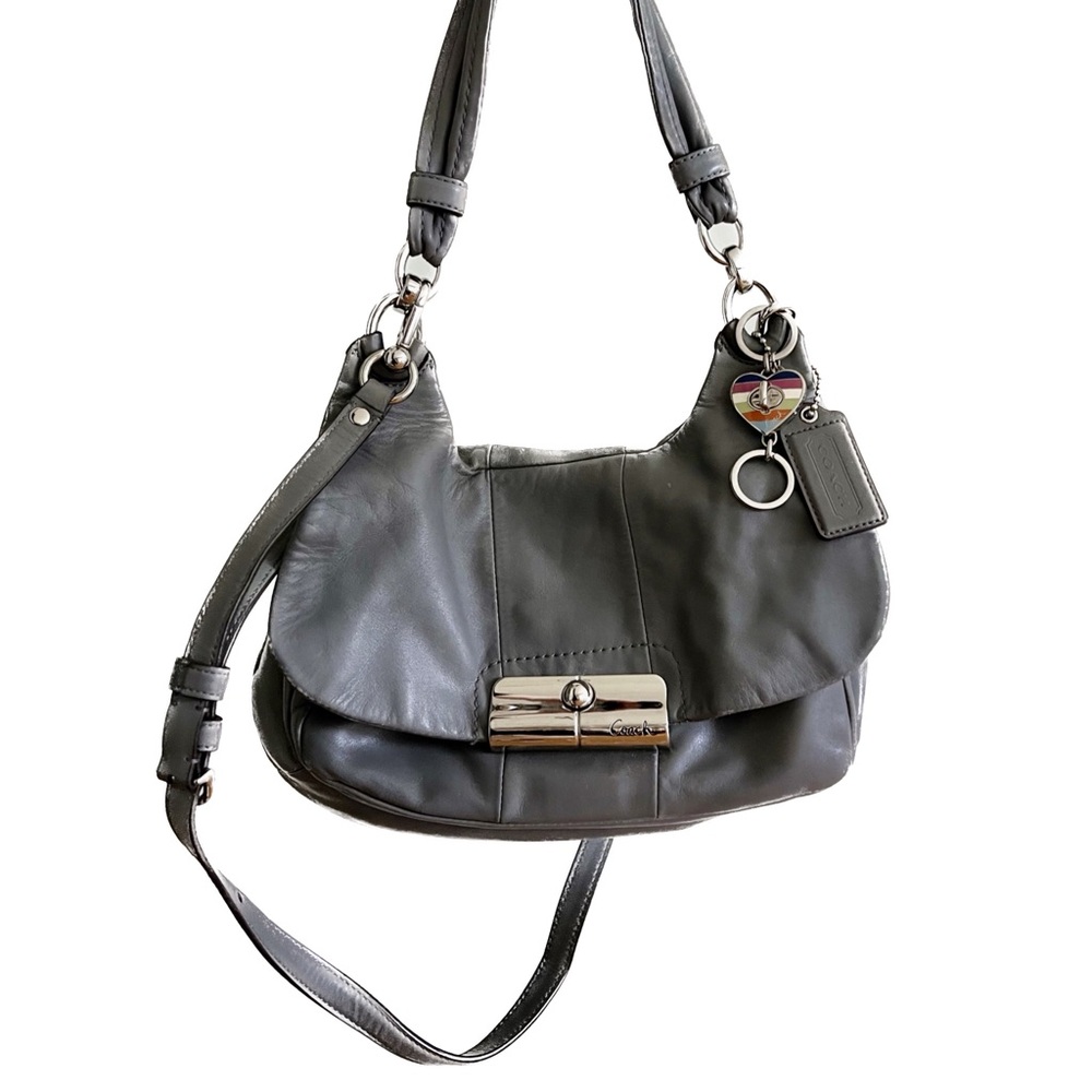 Gray Leather Coach Bag with decorative heart key ring